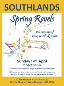 Revels colour Springtime revels poster. Musical notes on yellow.